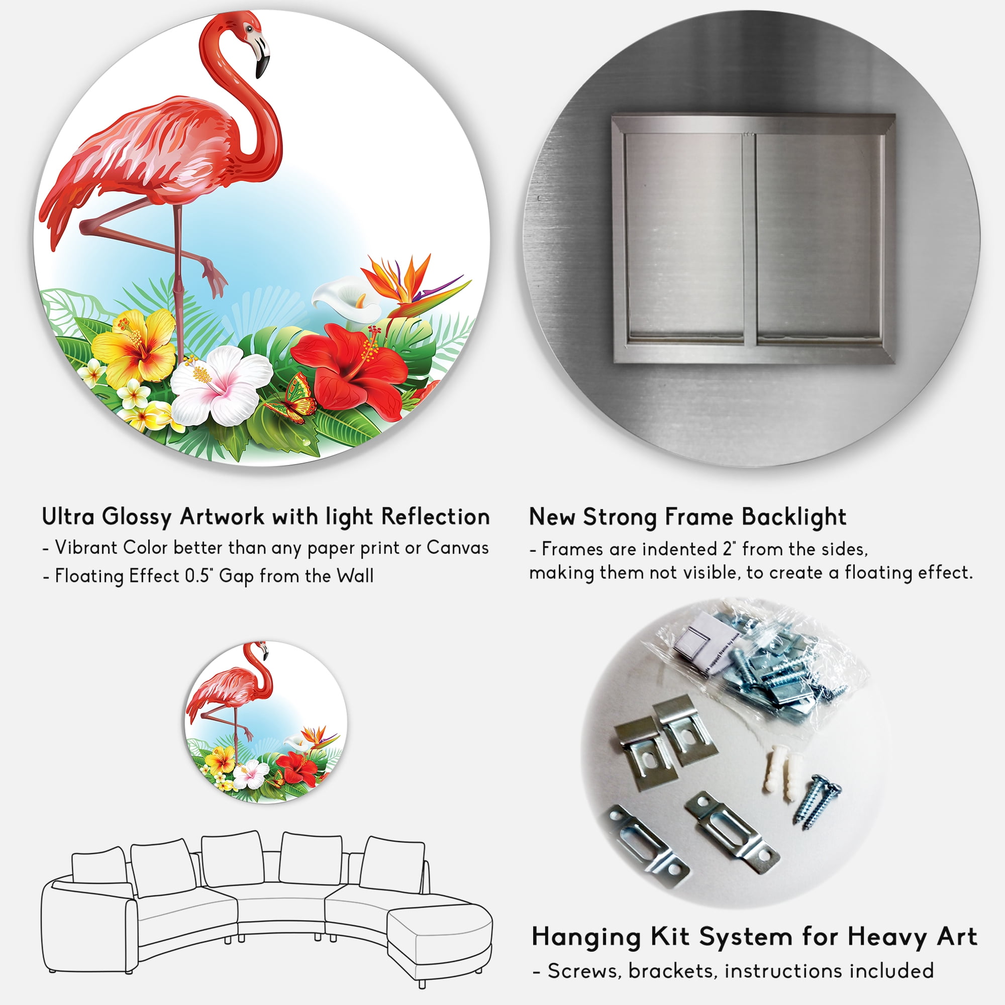 Designart 'Arrangement with Flamingo and Tropical Flowers' Traditional Circle Metal Wall Art 29x29 - Disc of 29