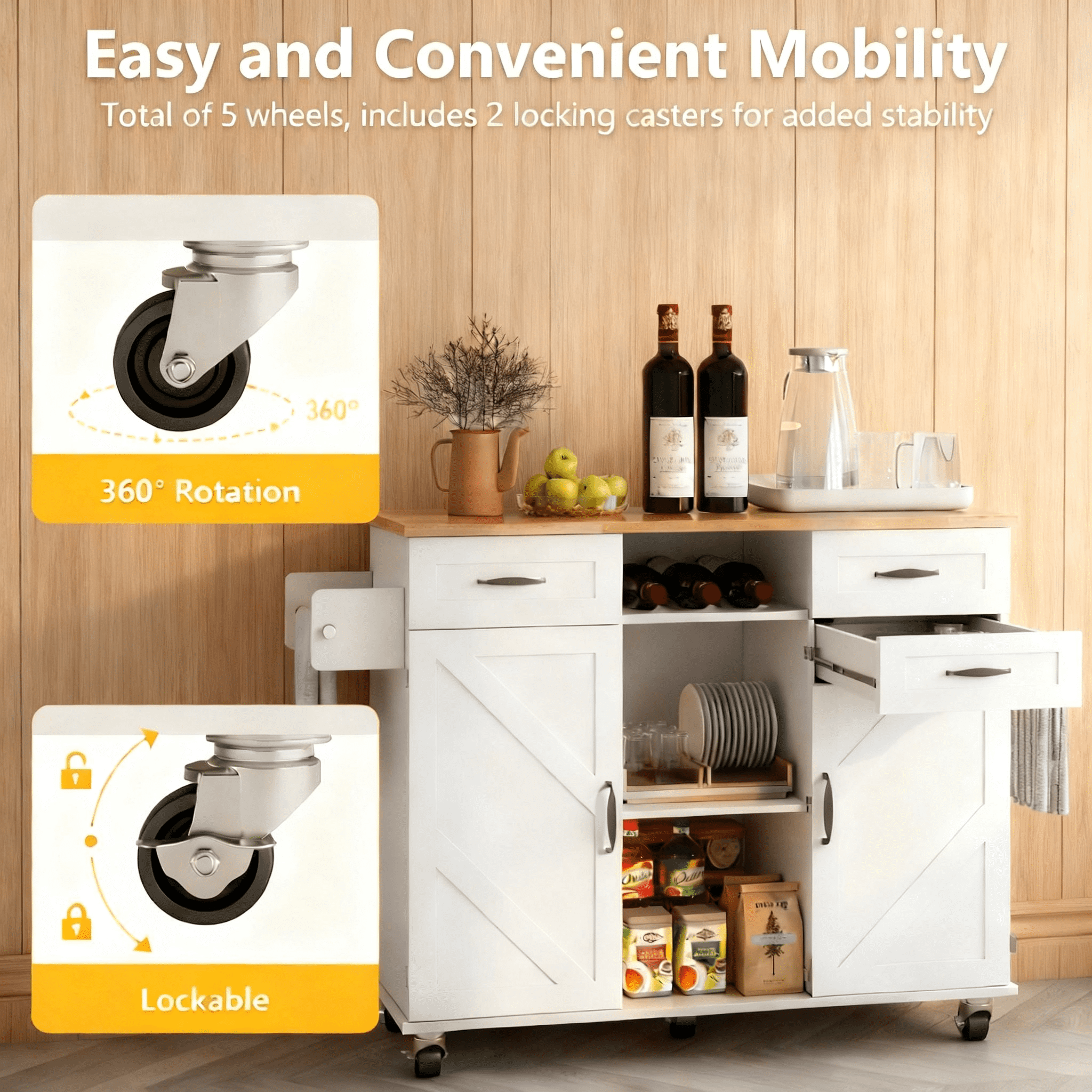 Rolling Kitchen Island Cart with Storage Cabinet & Drop Leaf, Mobile Kitchen Island on Wheels with Drawers, Spice Rack & Towel Holder, Farmhouse Butcher Block Countertop, 51.5" Kitchen Storage Table