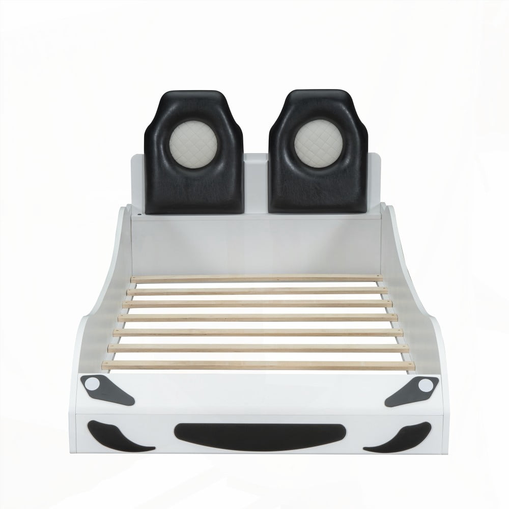 [Comfortable & Safe] Restonic Wood Twin Size Race Car Bed with LED & Upholstered Backrest