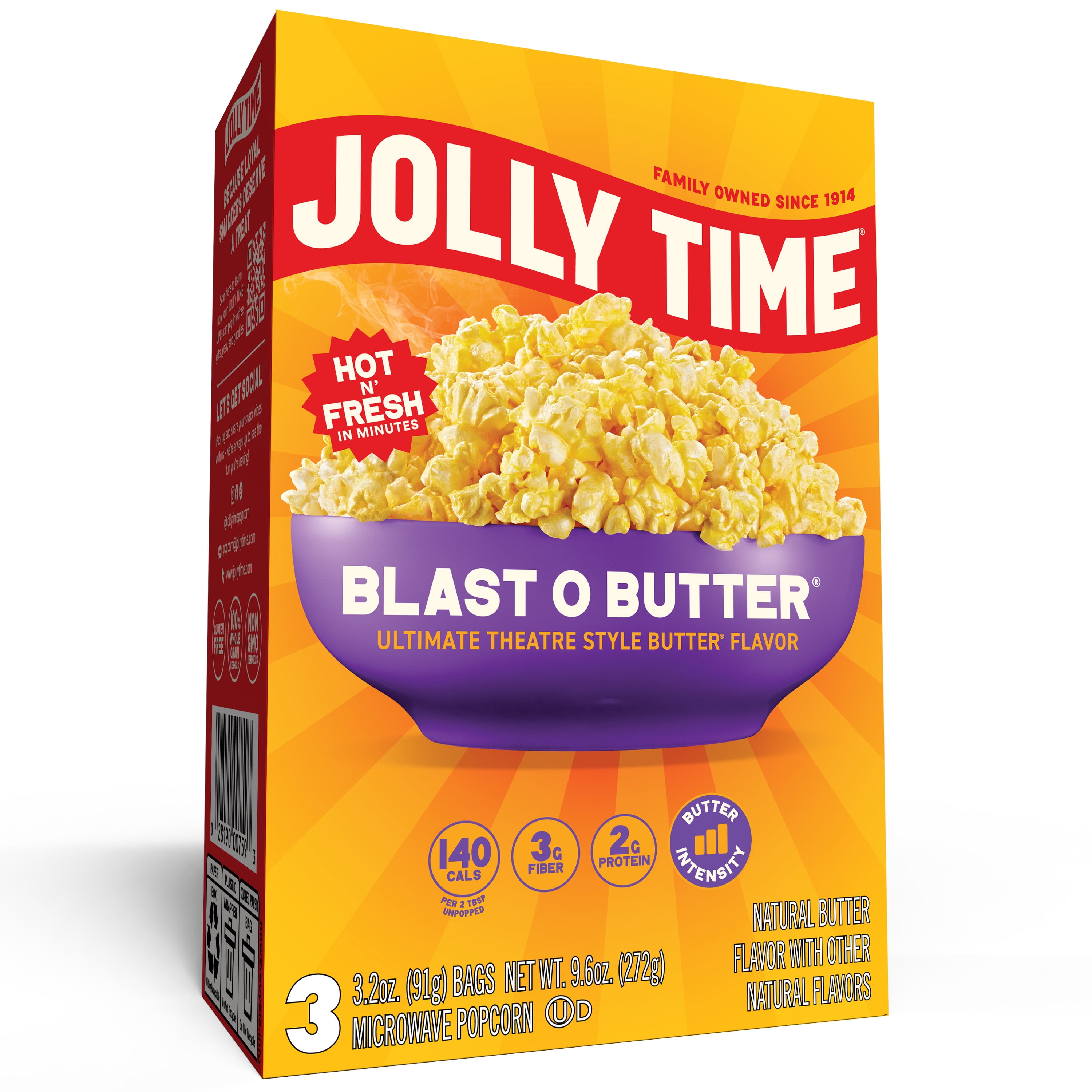 Jolly Time Blast O Butter Ultimate Theatre Style Butter Microwave Popcorn 9.6 oz, 3 Ct.  Gluten-Free