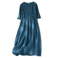 thumbnail image 3 of Kmdttou Women's Short Sleeve Loose Plain Dresses Women's Summer And Linen Solid Color Literary Leisure V-neck Pleated Large Dress, 3 of 8