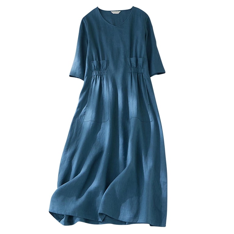 Kmdttou Women's Short Sleeve Loose Plain Dresses Women's Summer And Linen  Solid Color Literary Leisure V-neck Pleated Large Dress - Walmart.com