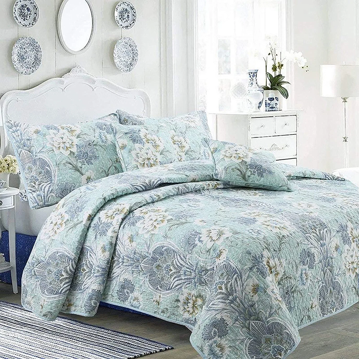 Cozy Line Jasmine Floral 3-piece Reversible Cotton Bedding Quilt Set, Queen