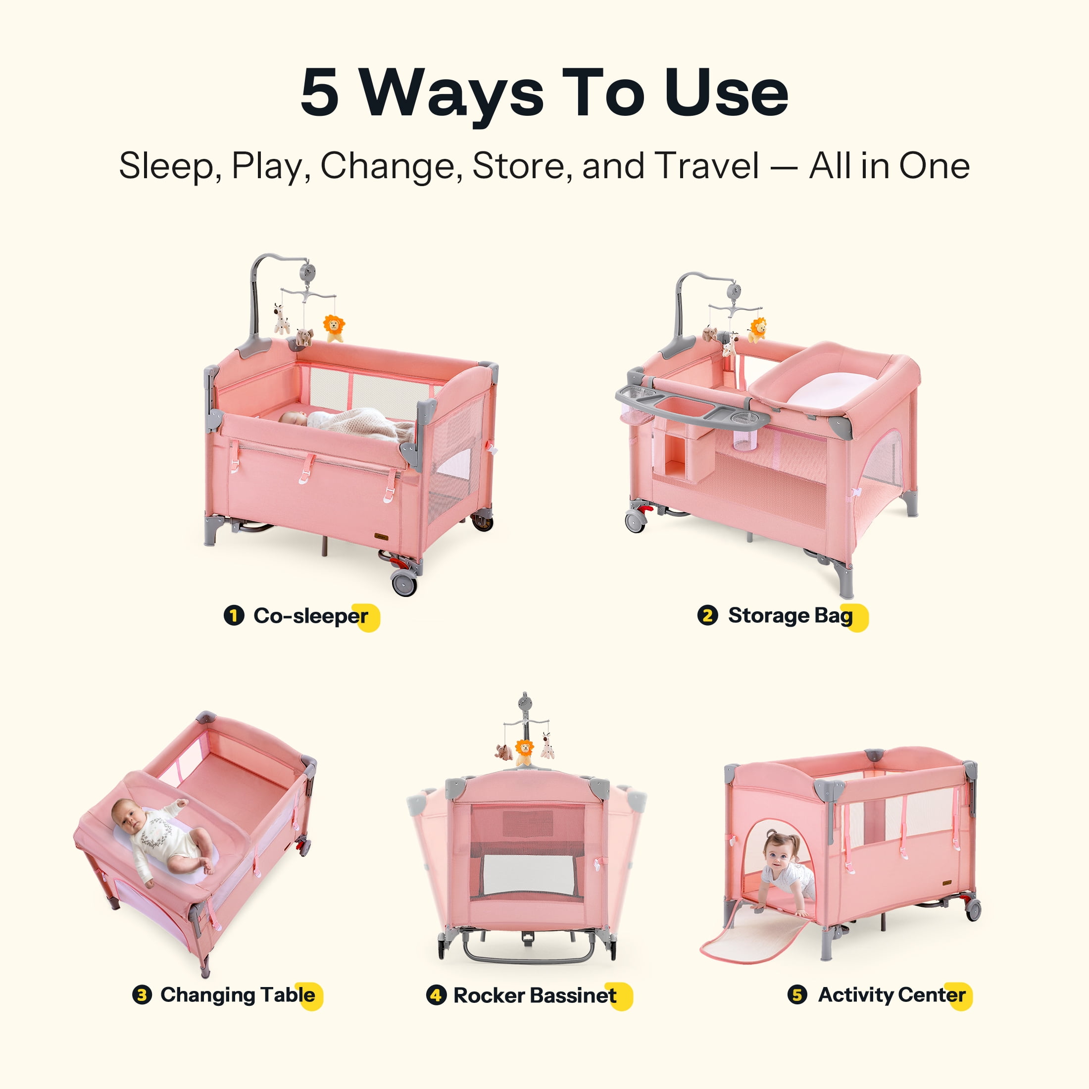 HARPPA 5 in 1 Baby Playard with Bassinet & Changing Table for Newborn, Pink