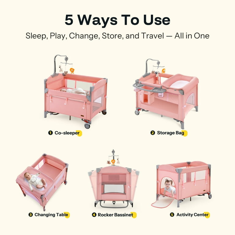 HARPPA 5 in 1 Portable Playard and Bassinet for Girl from Newborn to Toddler, Easy Folding, Pink