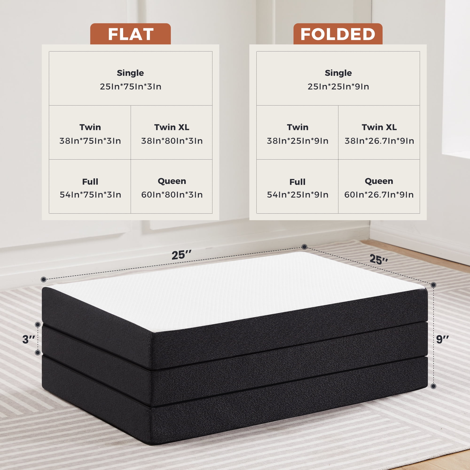 CONCETTA 3" Singel Size Tri-Fold Memory Foam Mattress, Foldable Mattress