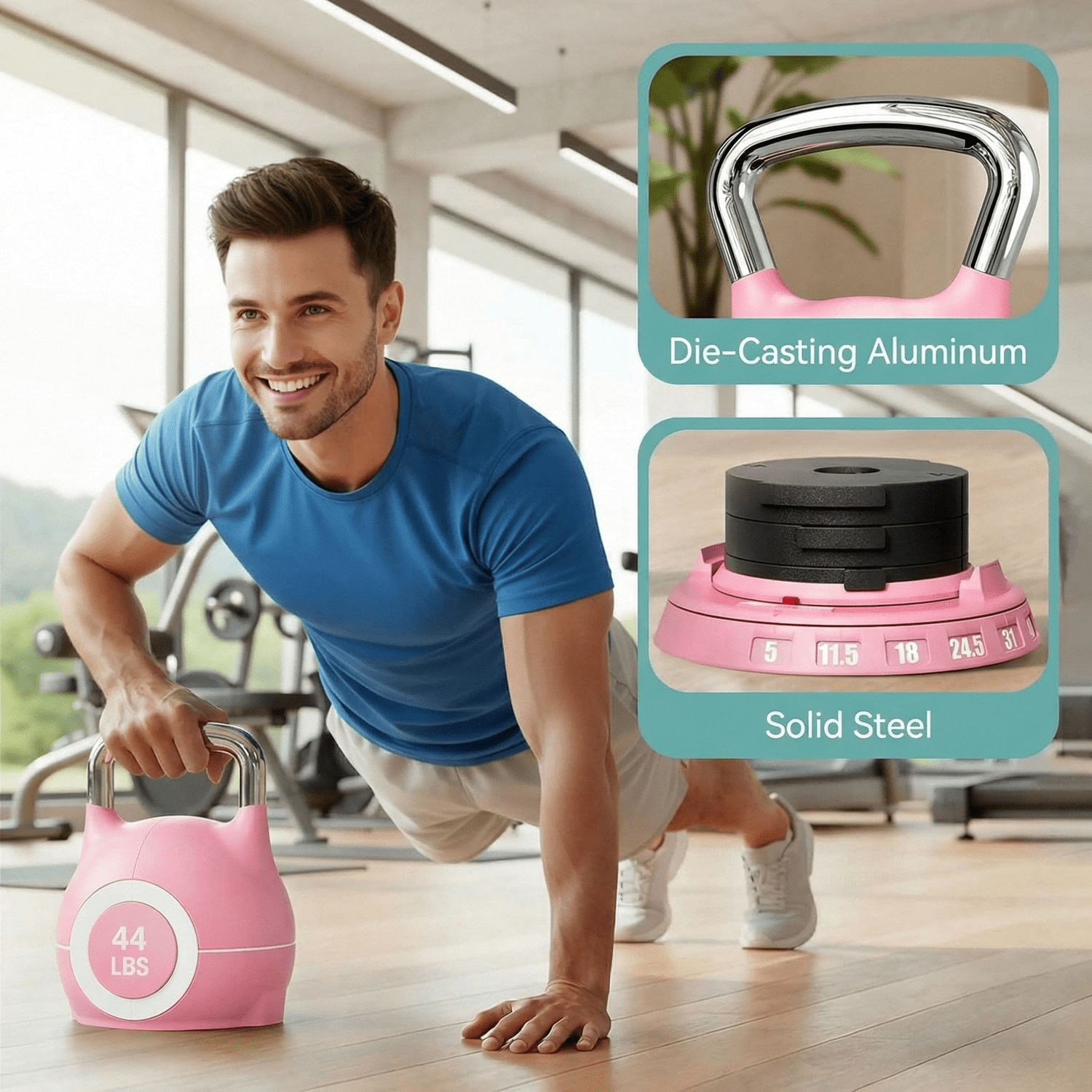 LIFERUN Adjustable Kettlebell Set-7in1 Kettlebells, Choose 22.5 lb or 44 lb, Quick-Change Weight Dial & Safety Lock, Aluminum Handle, Full-Body Workout