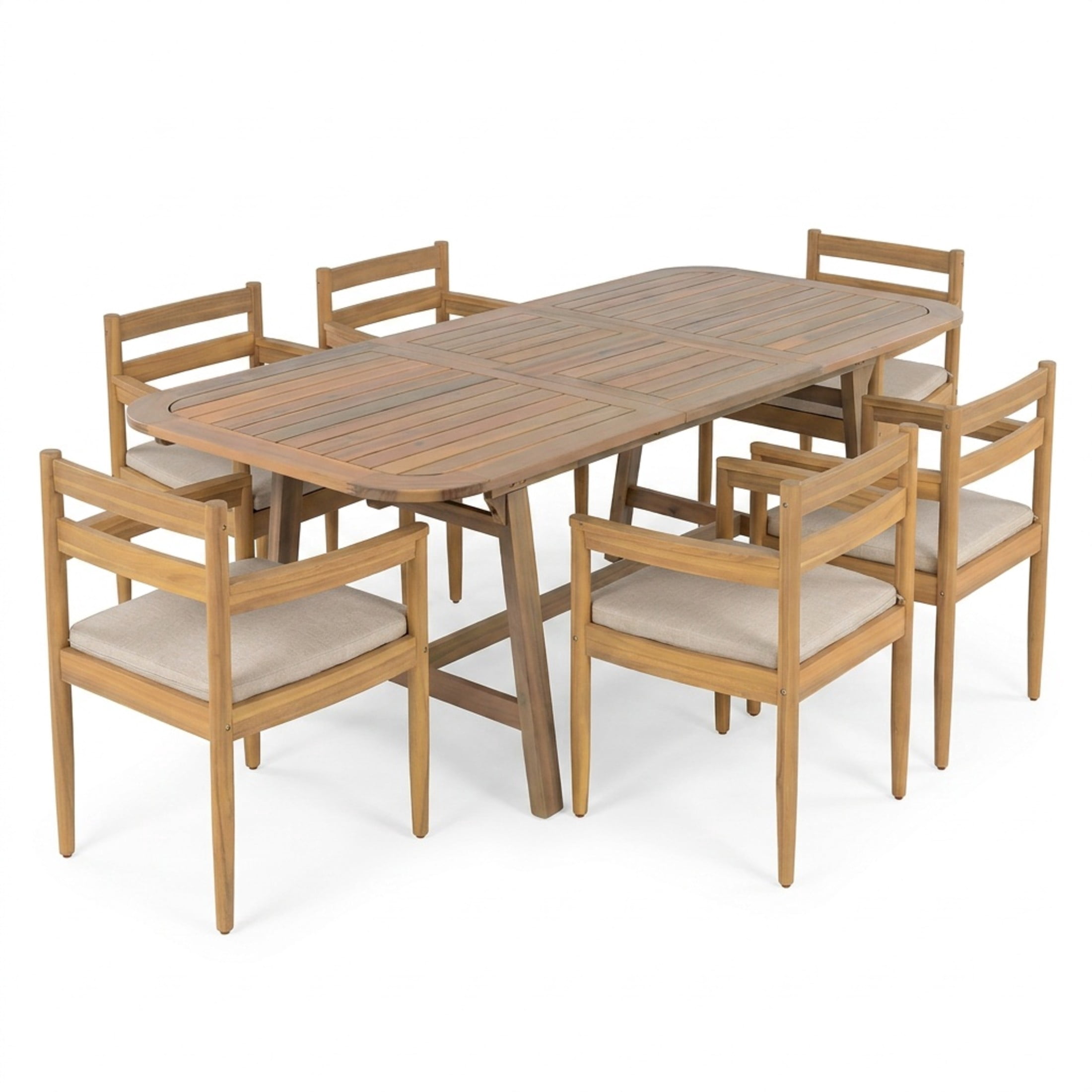 Christopher Knight Home 7-Piece Extendable Solid Wood Patio Dining Set with 6 Chairs, Light Teak+Beige