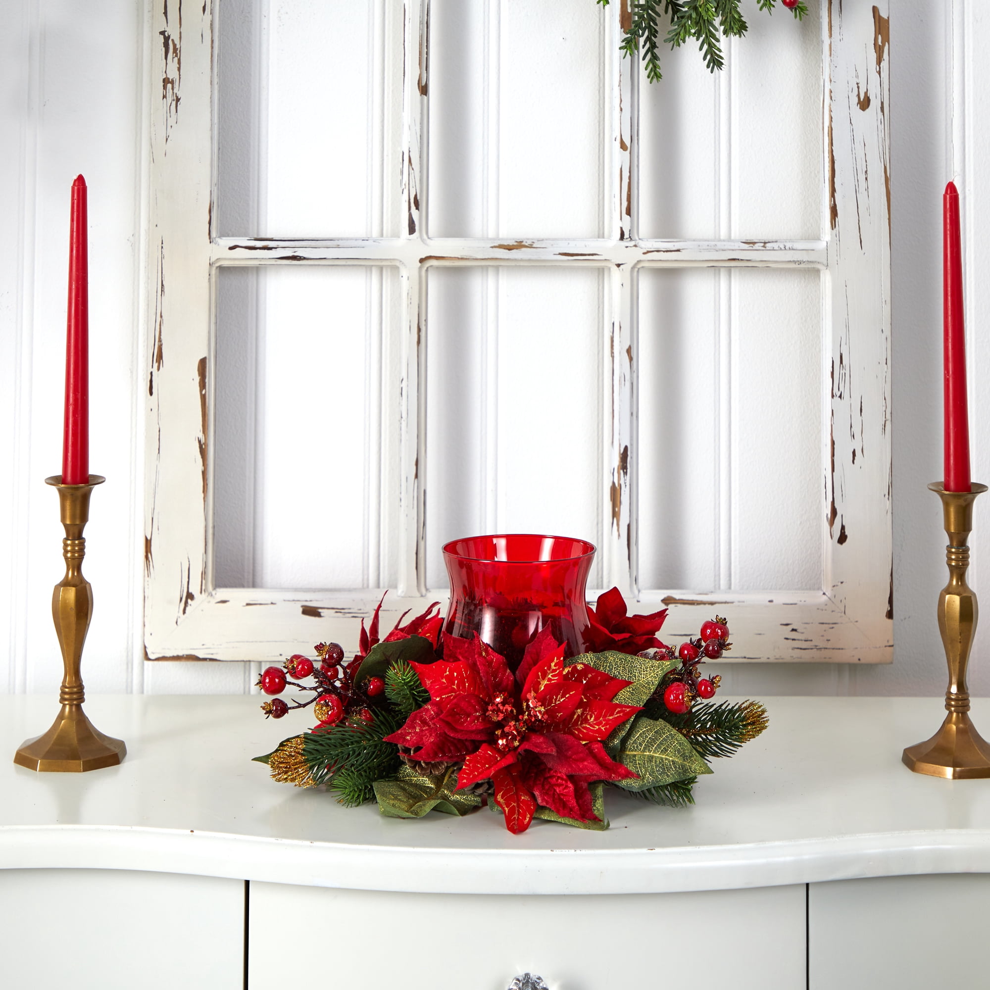 Nearly Natural Red 6.5" Poinsettia & Berry Candelabrum