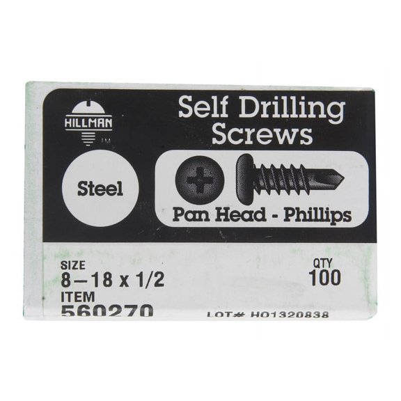 Hillman 560270 No.8-18 x 0.5 in. Zinc Plated Pan Head Phillips Self Drilling Screws - Pack of 100