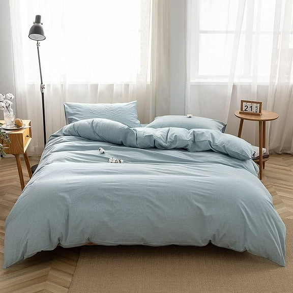 Bedding Duvet Cover Set 3 Pieces 100% Washed Cotton Duvet Cover Linen Like Textured Breathable Durable Soft Comfy (King, Light Blue)