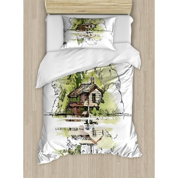 Landscape Duvet Cover Set Twin Size Sketch Of Lake House In The Forest Hand Drawn Composition Vacation 2 Piece Bedding With 1 Pillow Sham Green Brown Black White By Ambesonne Landscape Duvet Cover Set Twin Size, Lake House Queen Bedding