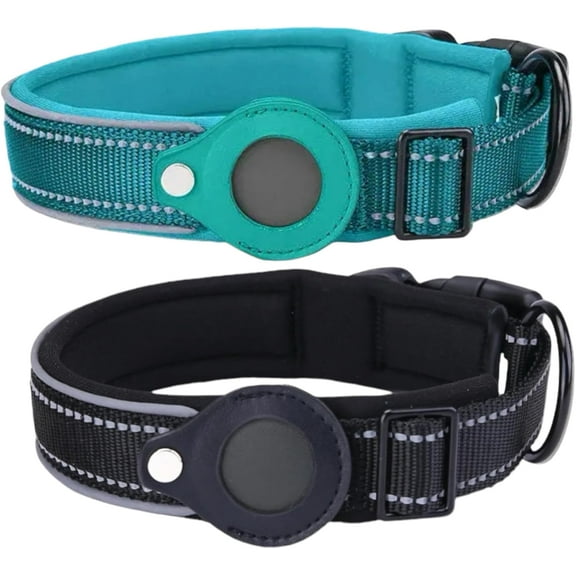 2PCS AirTag Dog Collar, Nylon Reflective Adjustable Cat Dog Collar, Heavy Duty GPS Dog Collar with Double Tension Feature for Small Medium Large Dogs Durable and Comfortable(Black Green, M)