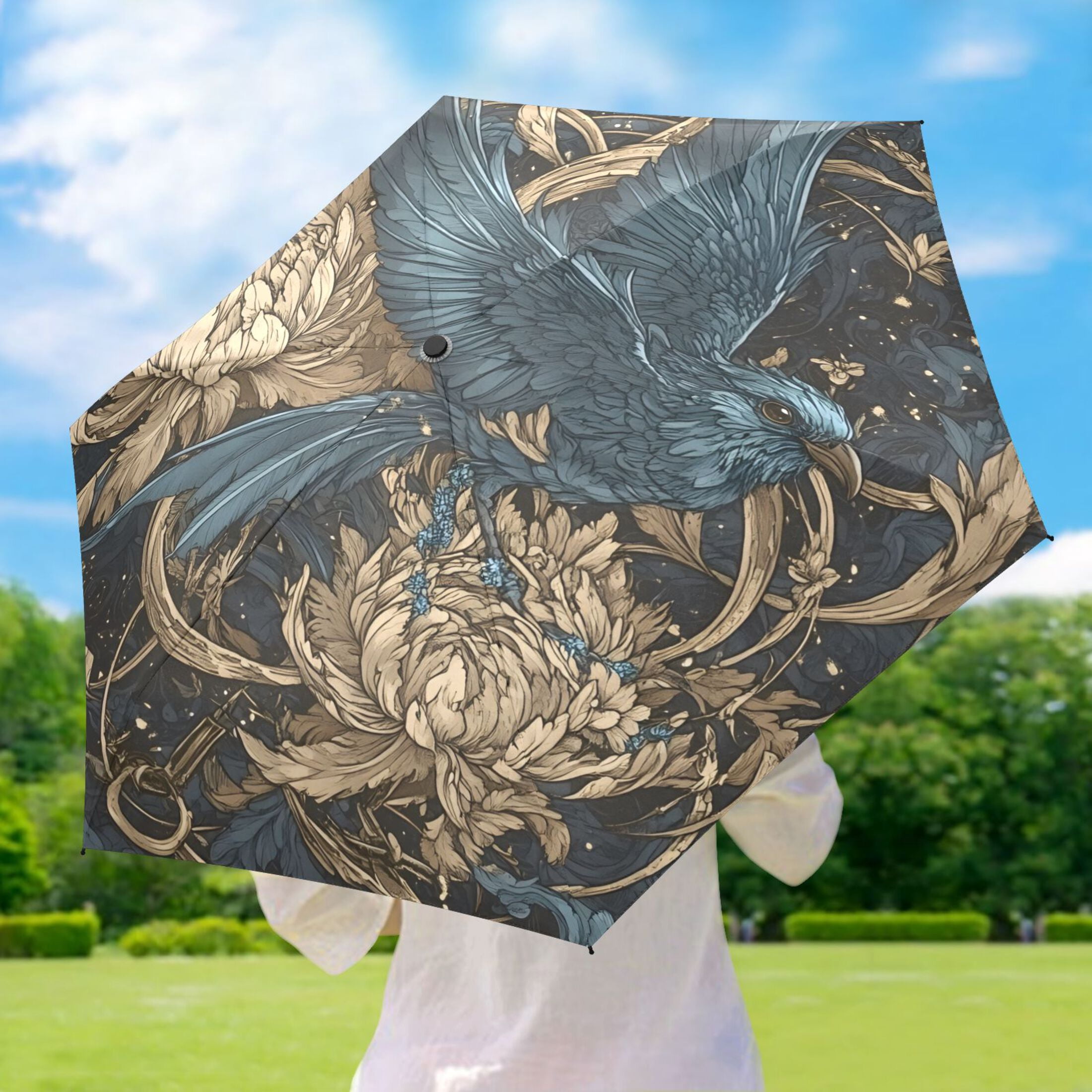 Epiphyllum and Crow Umbrellas for Sun Auto Open Close UV50+ Waterproof 5-Fold Compact Fiberglass Frame