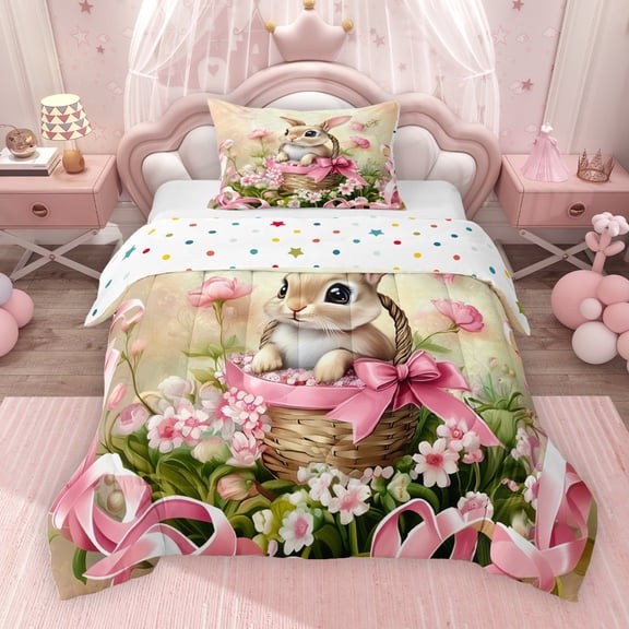 Erosebridal Cartoon Rabbit Twin Comforter Sets for Kids, Pink Floral Bowknot Bedding Set, Polka Dots Reversible 2pcs, 1 Comforter and 1 Pillowcase