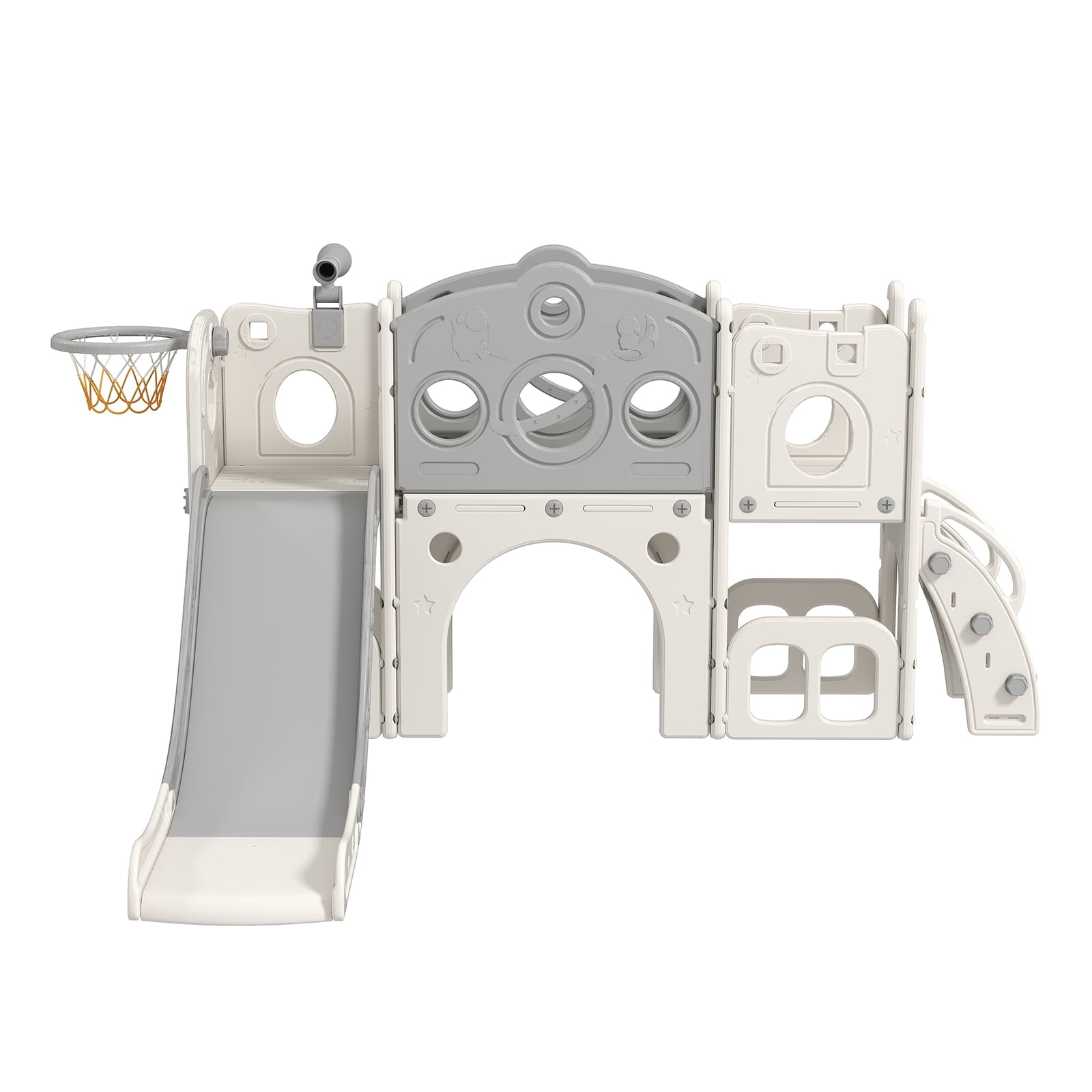 Kinsuite 8-in-1 Toddler Slide Set - Stair Slide for Toddlers 1-3 with Basketball Hoop, Ball, Storage Space & Telescope, Astronaut-Themed Indoor & Outdoor Playground Playset (Grey)
