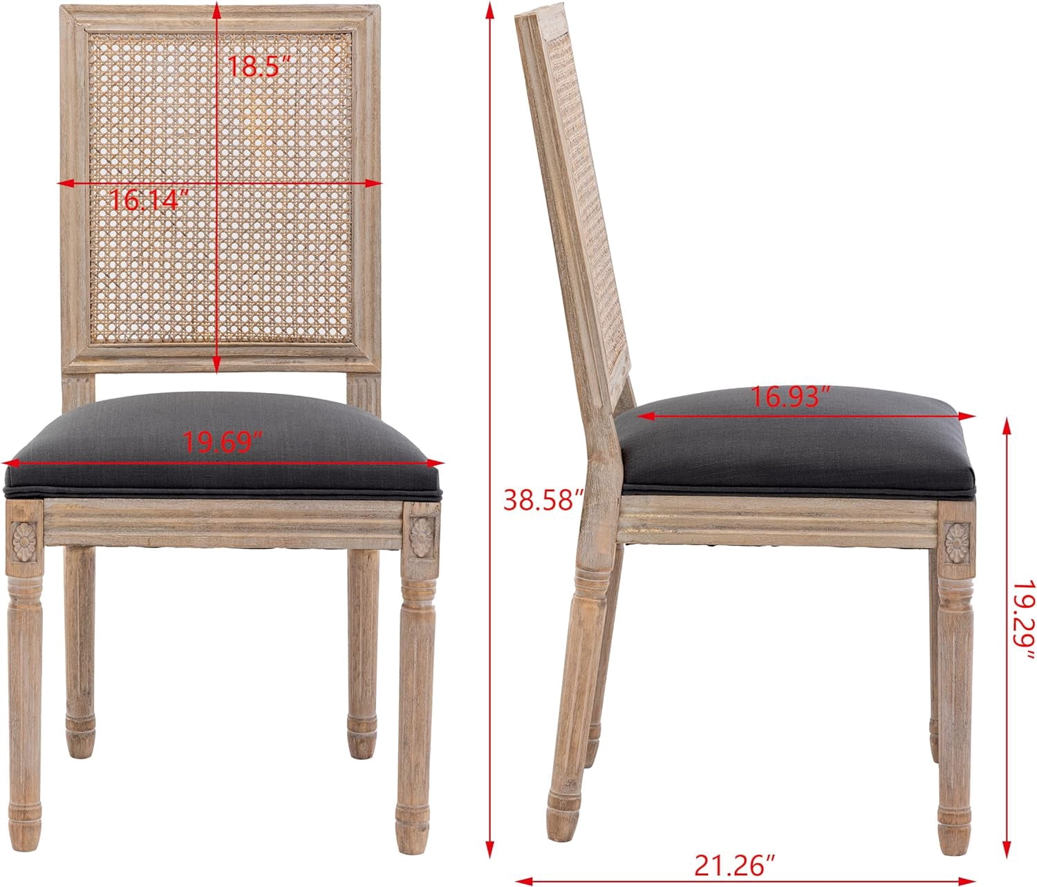 Sumdeal French Country Dining Chairs Set of 6, Farmhouse Dining Chairs with Square Backrest, Upholstered Rattan Dining Chair with Solid Wood Leg for Dining Room Bedroom Kitchen Restaurant
