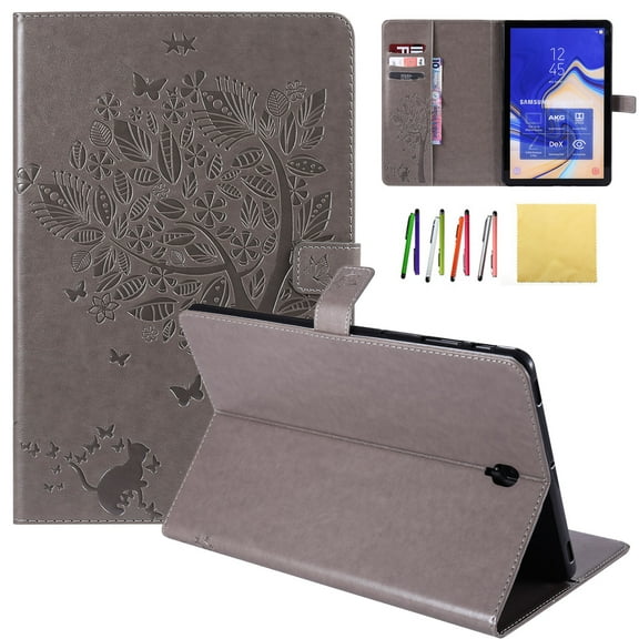 Galaxy Tab S4 10.5 2018 Case, Allytech Embossed Cat & Tree PU Leather Stand Folio Wallet Case Cover with Credit Card Slots for Samsung Galaxy Tab S4 10.5 (Model: SM-T830/T835/T837), Gray