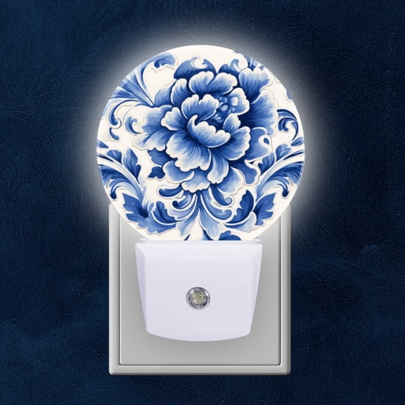 Round LED Night Lights Lamp with Dusk to Dawn Sensor, Hand Painted Blue And White Pattern Night Light Plug Into Wall for Kids Room, Bedroom, Bathroom, Kitchen, Hallway