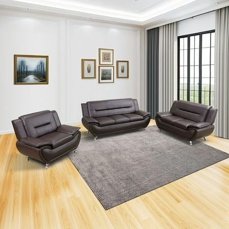3 Piece Living Room Furniture Set, Leather Sofa Set for Living Room, Modern Couch Set with 3-Seater Sofa, Loveseat and Armchair (Brown)