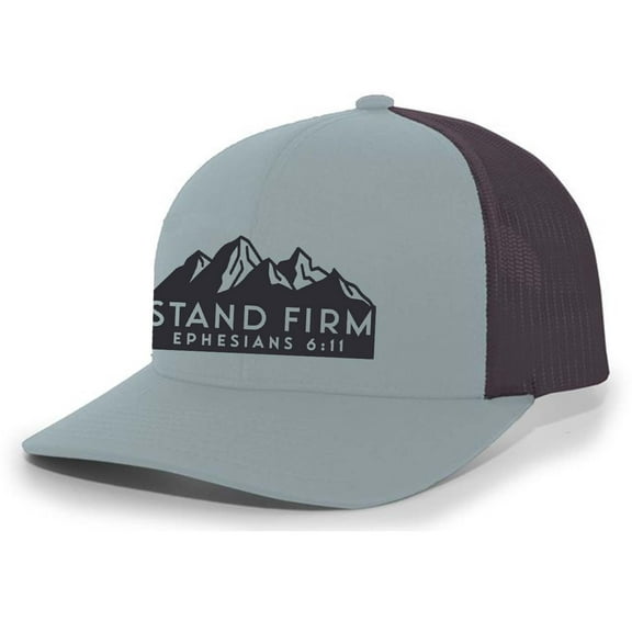 Mens Christian Hat Embroidered Stand Firm Ephesians 6:11 Scripture Mesh Back Trucker Hat, Smoke Blue/Charcoal