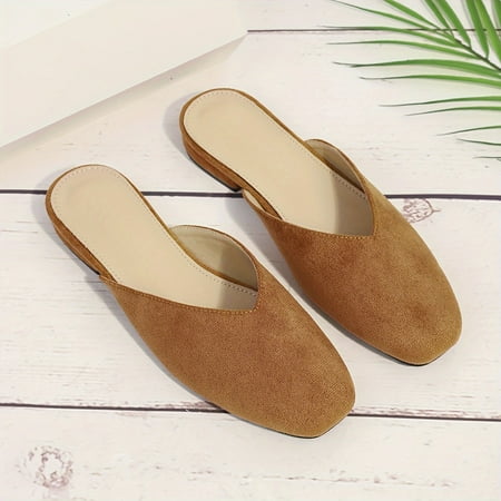 VECPIO Womens Square Toe Flat Mules Solid Color Slip On Backless Loafers Comfy All-Match Outside Slide Shoes