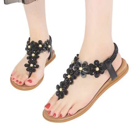 

Aayomet Flat Sandals for Women Spring Summer Bohemian Ethnic And Beaded Sandals Flat Rhinestones Shoes Women Women s sandals Black 8.5