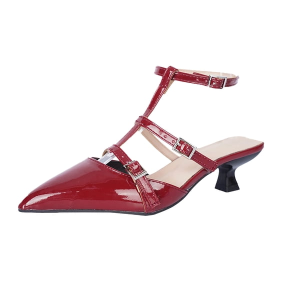 Women's T-Strap Sandals, Pointed Toe Low Heel Dress Shoes, Adjustable Buckle Slingback Heels, Casual Patent Leather Summer Sandals for Office, Evening, Wedding Guest