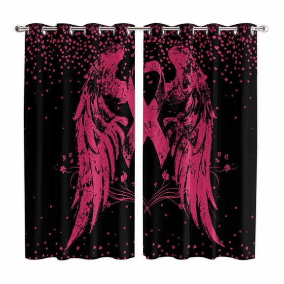 Curtains 84 Inches Long 2 Panels, Pink Ribbon Grommets Window Treatment Curtain, Wings Romantic Love Heart Flowers Black Thermal Curtains Drapes for Living Room/Bathroom