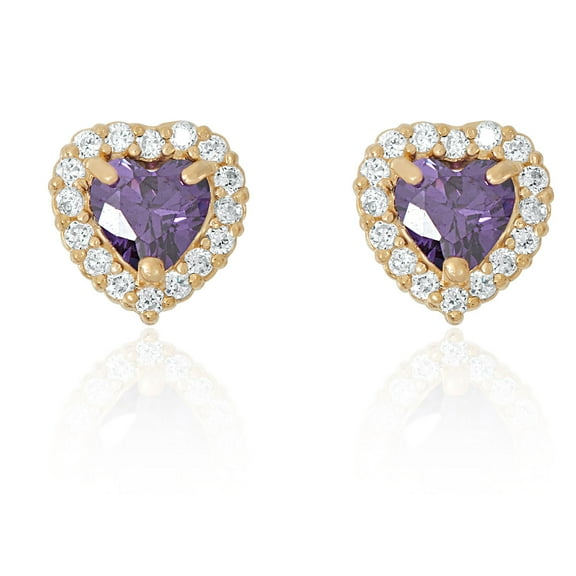 AVORA 10K Yellow Gold February Birthstone in Simulated Diamond CZ Halo Heart Stud Earrings