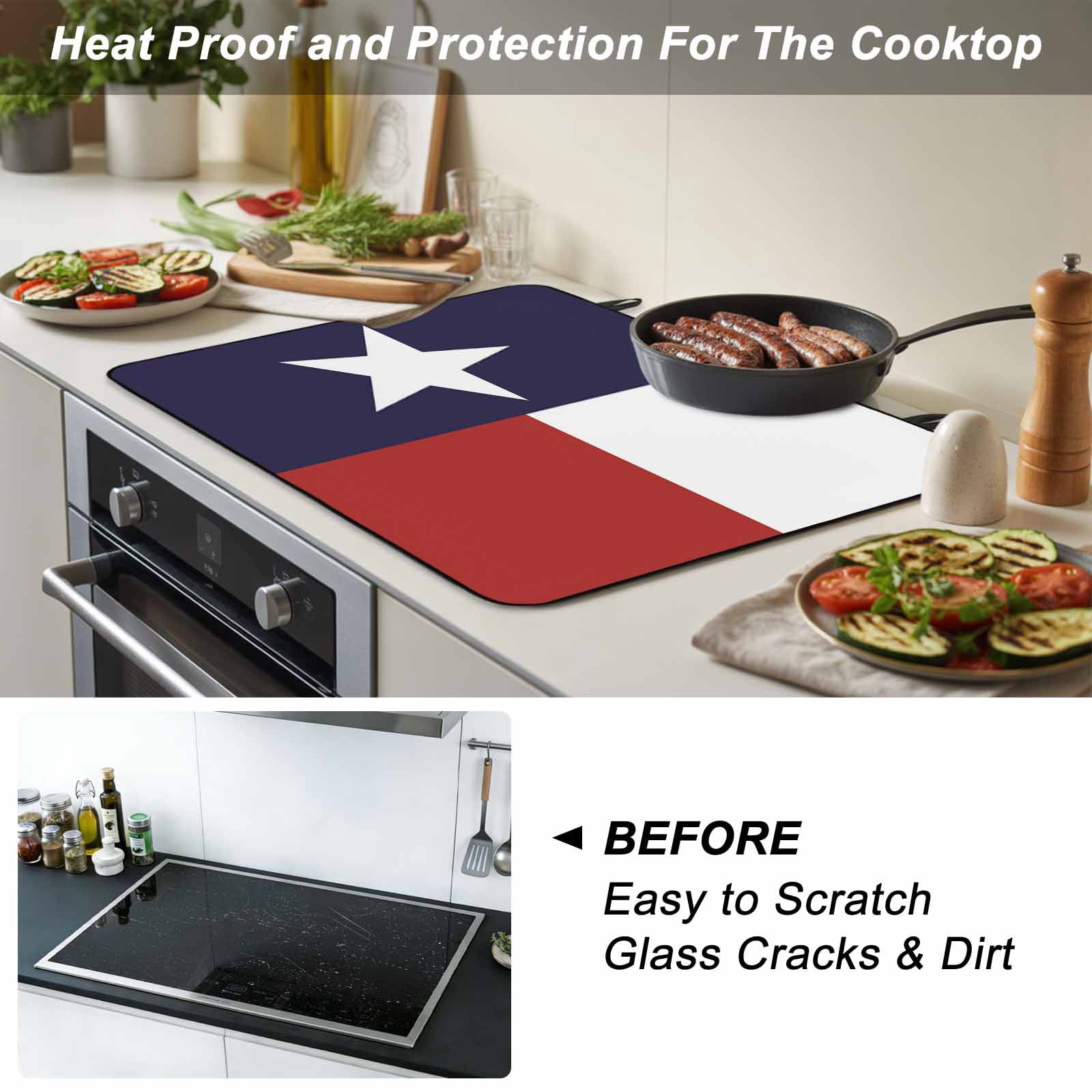 Blue Red White Texas Flag with Star,Stove Top Cover for Electric Stove,Heat-proof & Non Slip Glass Top Stove Cover Protector,Minimalistic Geometric Stripe Kitchen Flat Cooktop Rubber Mat 24x21 Inches