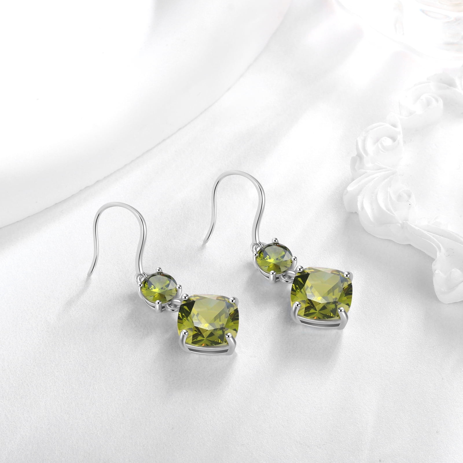 Juwaliy August Birthstone Earrings Women 925 Sterling Silver Long Drop Earrings Peridot Cushion Crystal Jewelry Grandma Mother Christmas Birthday Gift