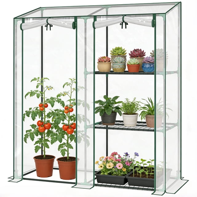 Mini Serre Portative avec 3 Tablettes et Doubles Portes Enroulables, Couvercle en Plastique Transparent Résistant aux UV et Cadre en Acier, Conception Asymétrique pour Patio, Jardin, Plantes d'Intérieur Ou d'Extérieur
