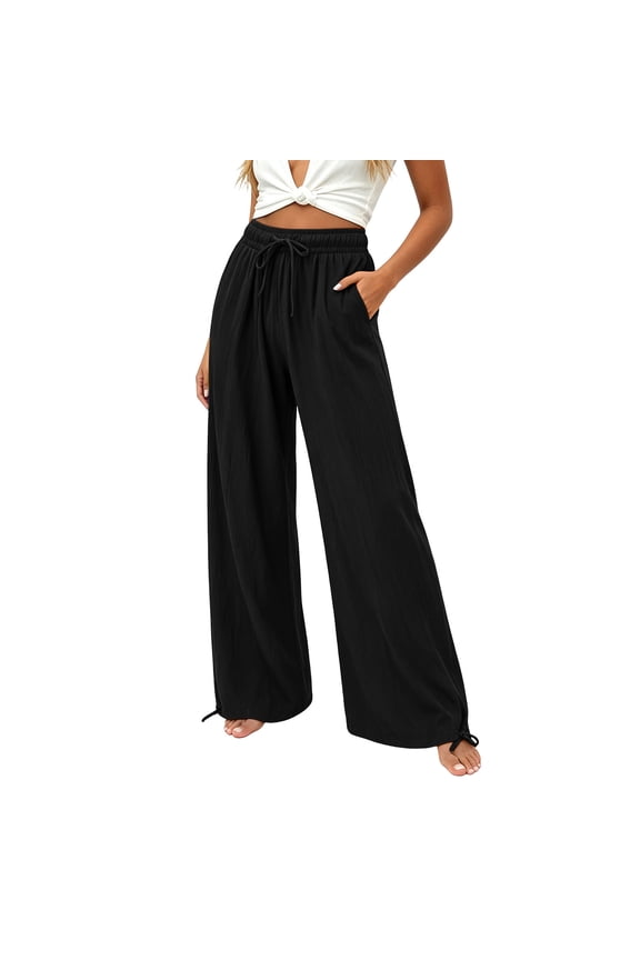 Plus Size Pants for Women Loose Fit Wide Leg Palazzo Pant Solid Color Drawstring Elastic Waisted Trousers with Pockets Black XXL