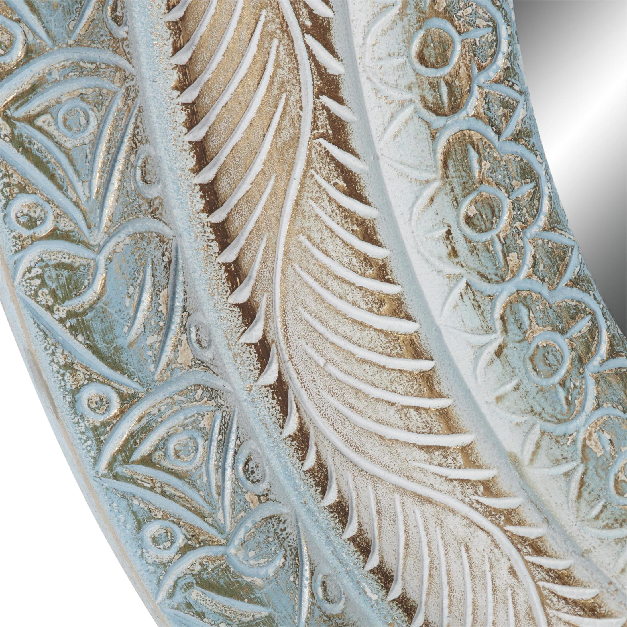 DecMode 36" x 36" Blue Distressed Carved Floral Wall Mirror with Gold and Beige Accents