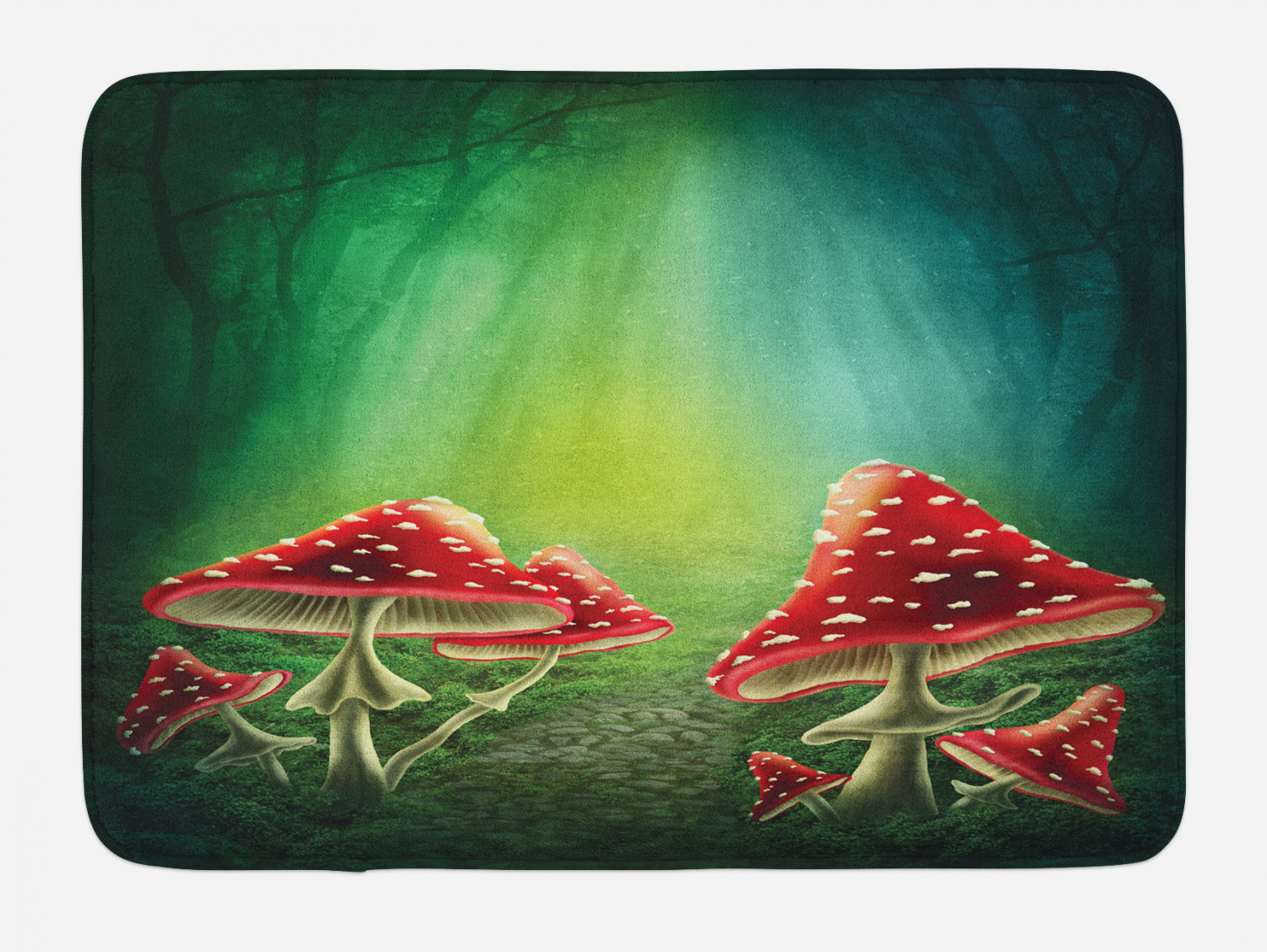 Mushroom Bath Mat, Fairy Tale Illustration with Poisonous Fungus Dreamy