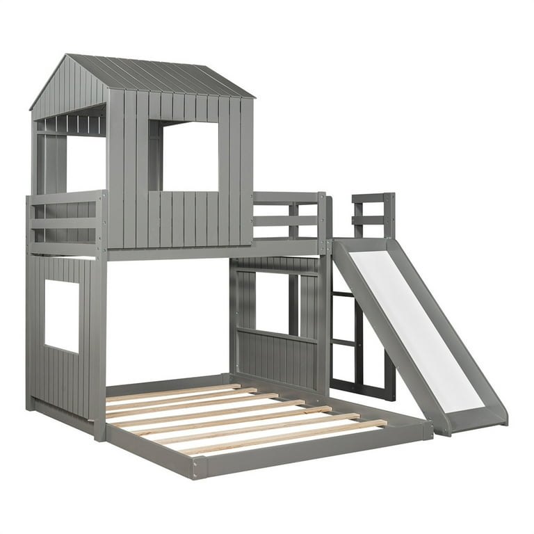L-Shaped House Bunk Bed with Slide & Roof & 4 Windows, Solid