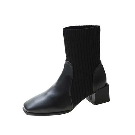 

Womens Comfortable Stretch Socks Boots Block High Heel Fall Fashion 2022 Pull On Square Toe Casual Booties