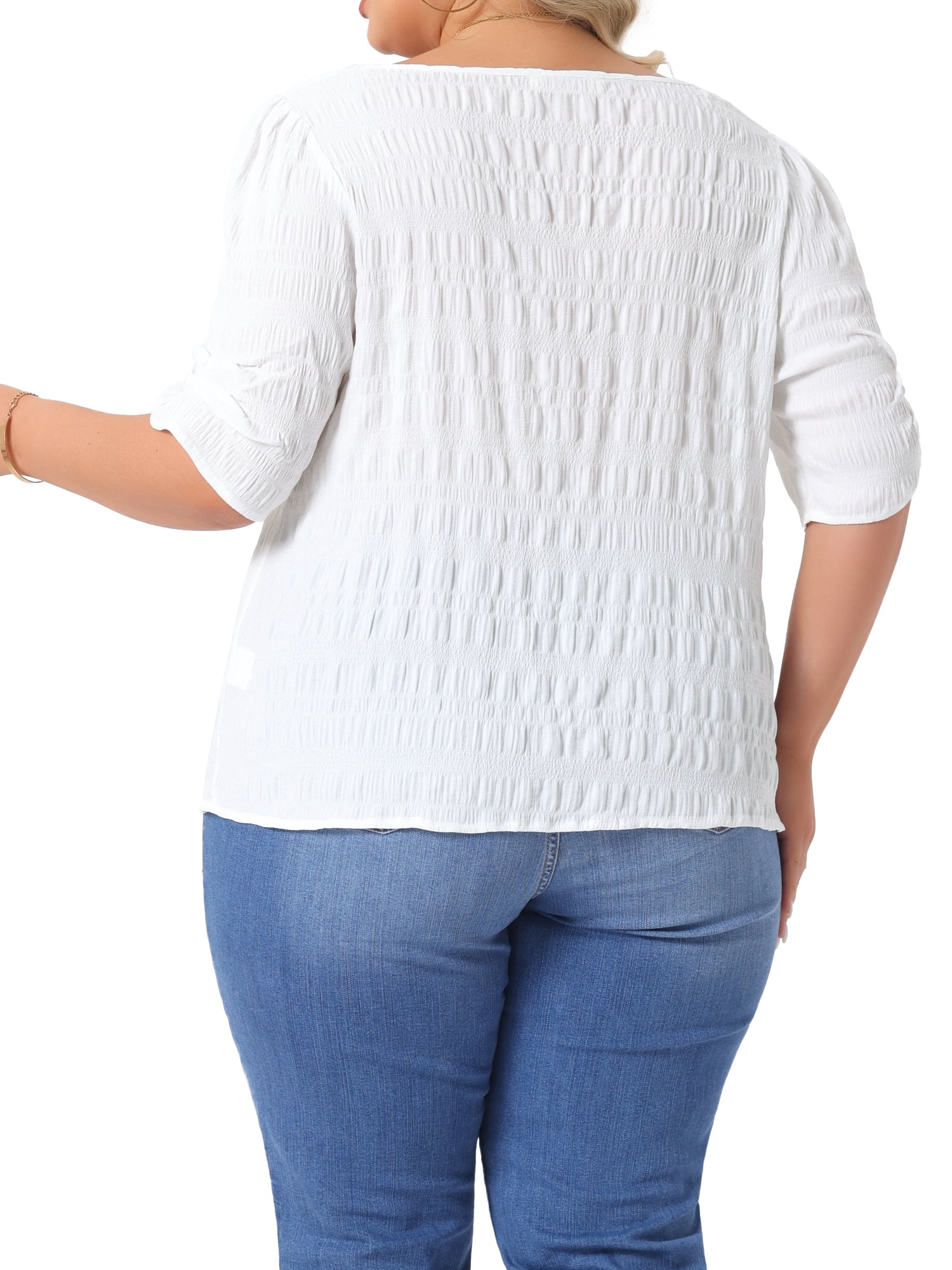 DARING DIVA Women's Plus Textured Notched V Neck Blouse 3X White