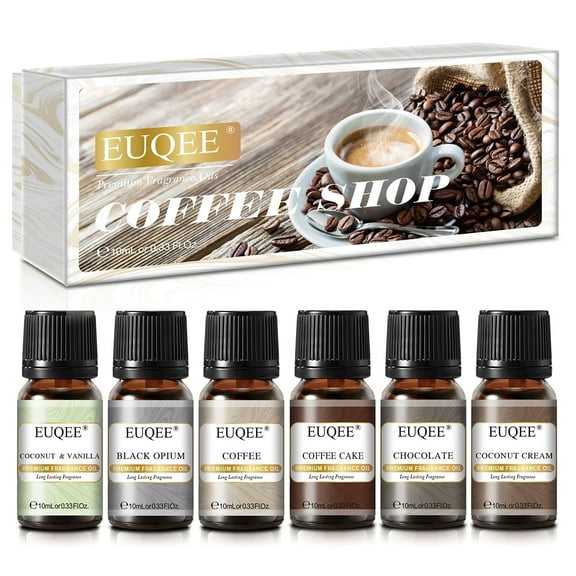 EUQEE 6pcs x 10ml Premium Fragrance Essential Oils Set - Coffee, Coffee Cake, Chocolate, Coconut Cream, Coconut & Vanilla, Black Opium