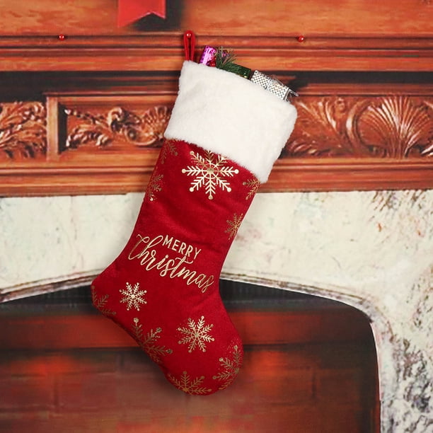Bolsa de regalo de media navideña con copo de nieve con pata de perro bordada - Calcetas de punto rojas de poliéster 49x28cm con diseño de caramelos
