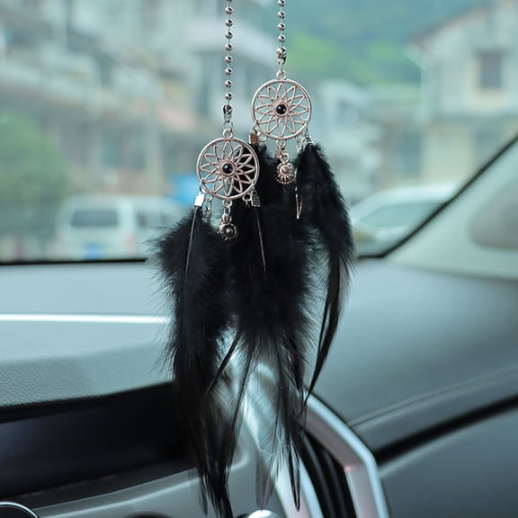 Car Rear View Mirror Hanging Pendant, Feather Crystal Charm Bling Car Deco Accessories for Women (black)