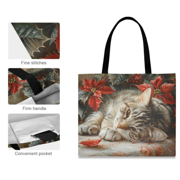Canvas Tote Bag for Women Girls Design Print Cat with Poinsettias Tote