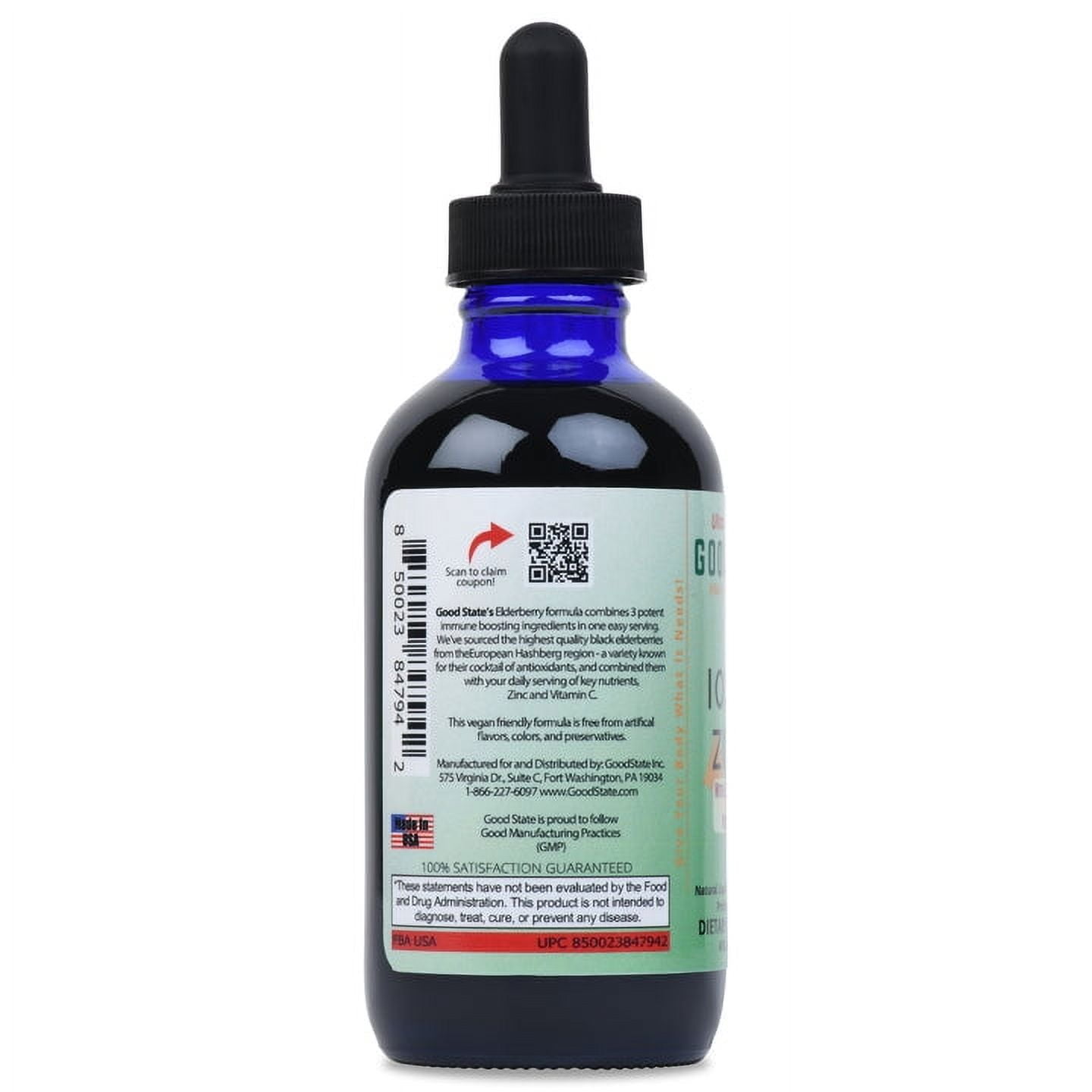 Good State Liquid Ionic Zinc, Elderberry + Vitamin C Ultra Concentrate, 30 Servings, 4 Fl Oz, Supports Immune Health and Antioxidant Defense