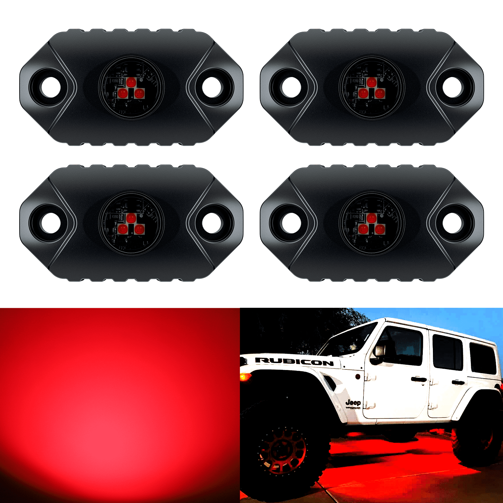 EK ENNOKING Red LED Rock Lights, 4 Pods IP68 Waterproof Underbody Glow Trail Rig Lamp LED Neon Lights for Truck Jeep Off Road Truck Car Boat ATV SUV Motorcycle Off-road