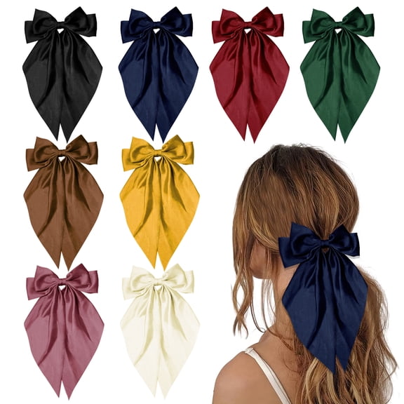 8 Colors Hair Bows for Women, Vintage Large Ribbon Bow Hair Clips with Long Tails, Silky Satin Barrettes, Hair Accessories for Girls
