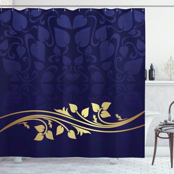 Floral Shower Curtain, Romantic Royal Leaf Pattern with Yellow Colored