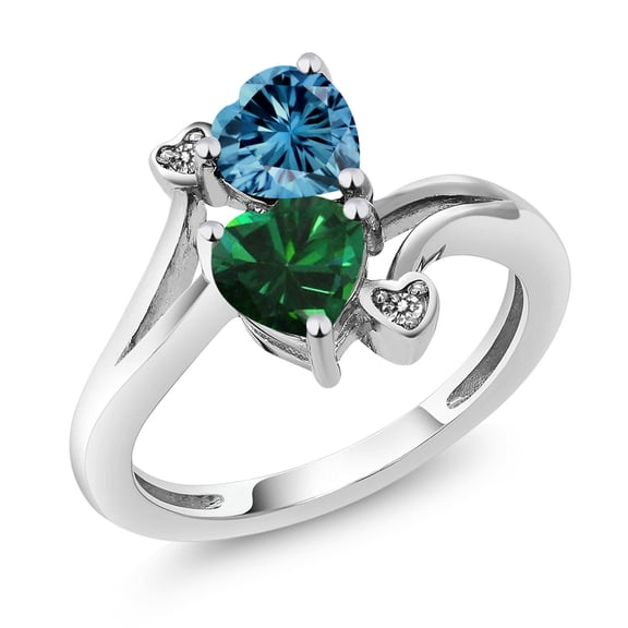 Gem Stone King 10K White Gold Diamond Accent Ring Persian Blue Moissanite Nano Emerald (1.53 Cttw)