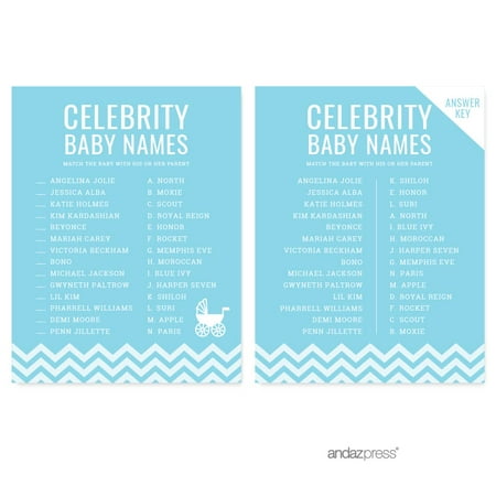 Celebrity Name Game Baby Blue Chevron Baby Shower Games 20 Pack
