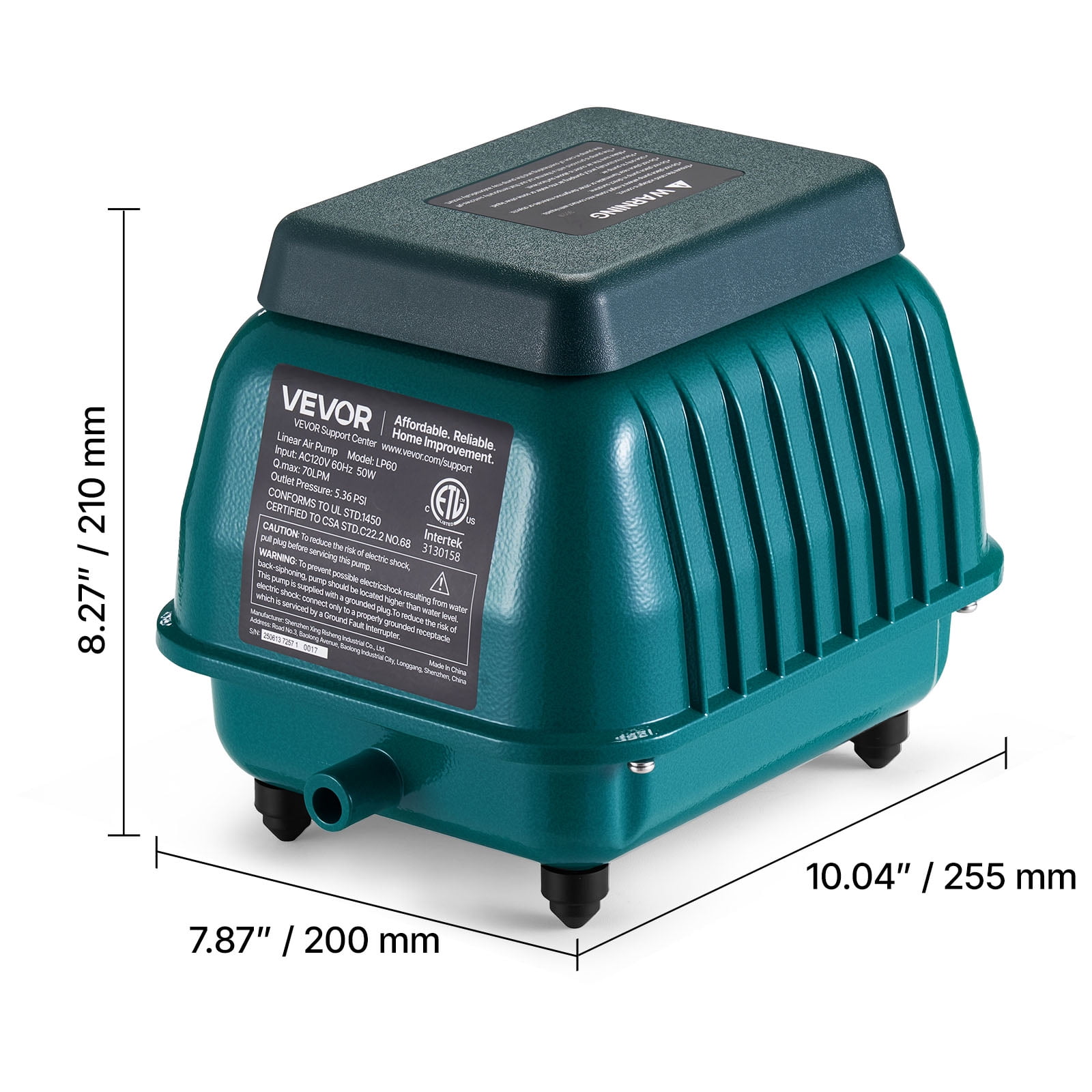 VEVOR Linear Air Pump, 1110 GPH Air Flow, Septic Aerator Pump, Aeration System for 10 ft Deep Ponds, Fit for Septic Tanks, Aquariums, Waste Treatment, Seafood Restaurants, Fish Farms, Hydroponics